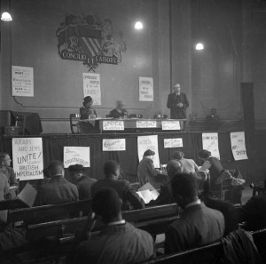 10th November 1945: John McNair, General Secretary of the ILP (Independent Labour Party) addresses the first Pan-African Congress in Manchester. Also on the stage is Amy Jacques Garvey, the second wife of Marcus Garvey. Original Publication: Picture Post - 3024 - Africa Speaks In Manchester - pub. 1945 (Photo by John Deakin/Picture Post/Getty Images)